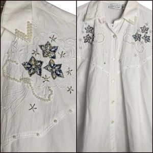 Vintage 80s Retro Floral Pearl Embroidery Button Up Shirt Western Cottage SM/MED